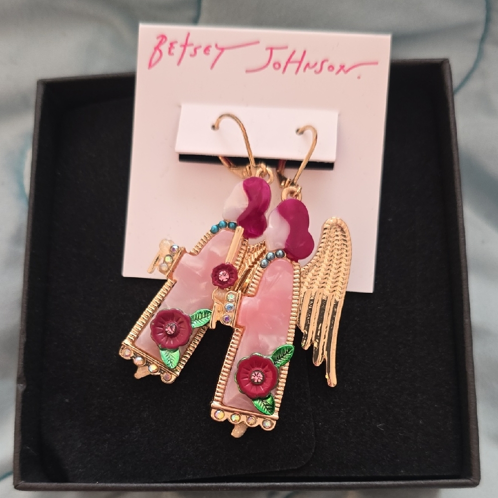 Betsey Johnson Gold-Tone Pink Floral Wing Drop Earrings with Magenta Accents